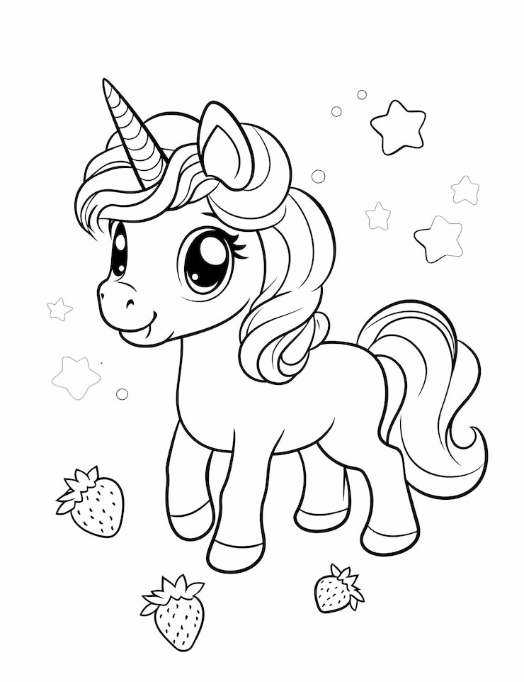 Photo coloring page for kids a cute cartoon unicorn with stars and strawberrycolored hair thick lines very low detail