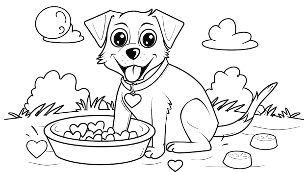 Foto pagina da colorare per bambini cane carino seduto accanto alla sua ciotola di cibo con cuore nero e bianco