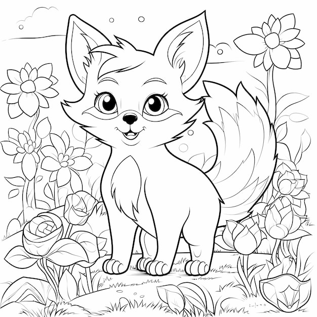 Photo coloring page for kids cute fox cartoon style thick lines low detail