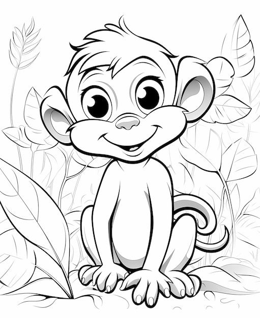 Photo coloring page for kids cute monkey cartoon style thick line low detailm no shading
