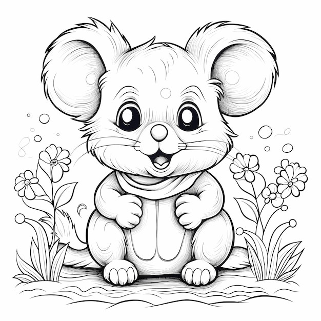 Photo coloring page for kids cute mouse cartoon style thick lines