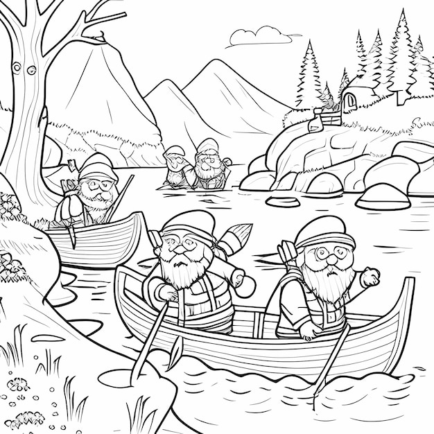 coloring page for kids dwarves going to the river to catch fish