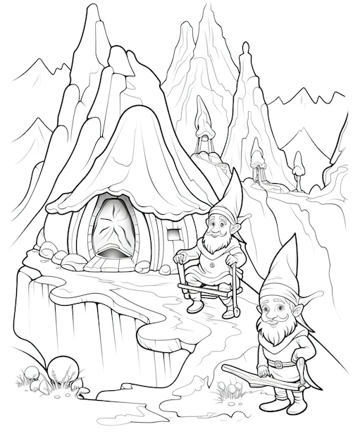 Coloring page for kids elves in front of elf house