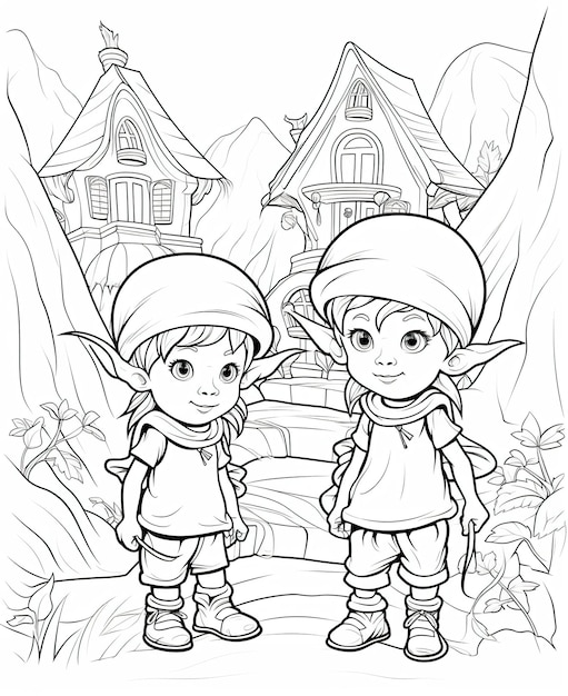 Coloring page for kids elves in front of elf house