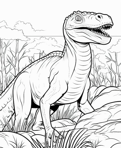 Photo coloring page for kids giganotosaurus in a jungle