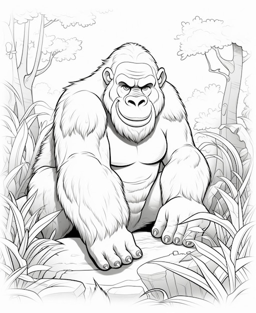 coloring page for kids gorila cartoon style thick lines low detail no shading