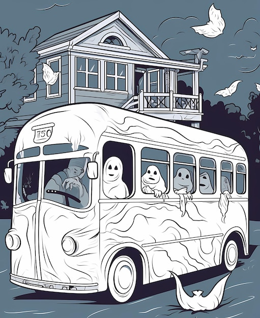 Foto colorazione per bambini halloween e fantasma su un autobus in stile cartone animato