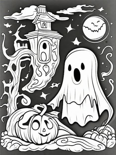 coloring page for kids Halloween ghost line art