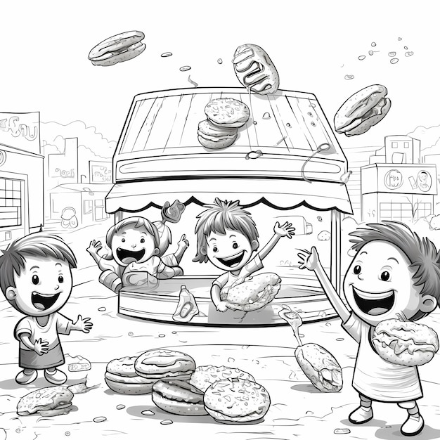 Photo coloring page for kids humor kids playing with dancing food hot dogs