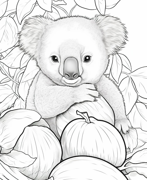 Coloring page for kids koala holding an avocado