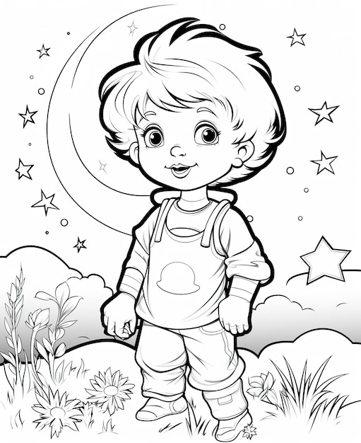 Coloring page for kids little boy in the field imagining space