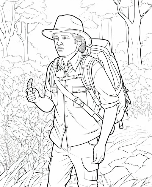 Coloring page for kids man exploring nature