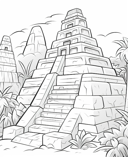 Coloring page for kids Mayan pyramid