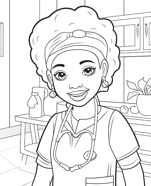 Coloring page for kids nurse smiling happily