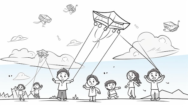 Photo coloring page for kids people flying kites in the clear sky and competing with one another