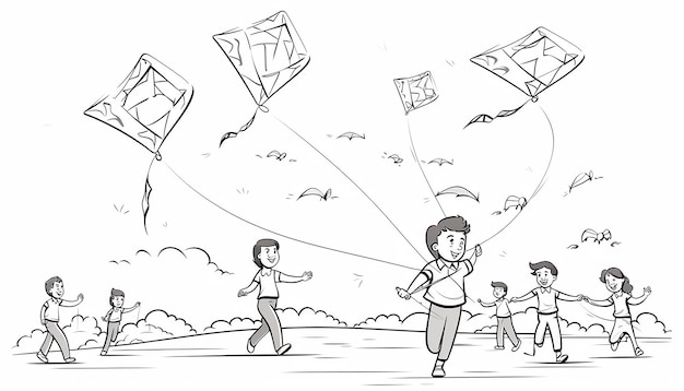 Photo coloring page for kids people flying kites in the clear sky and competing with one another