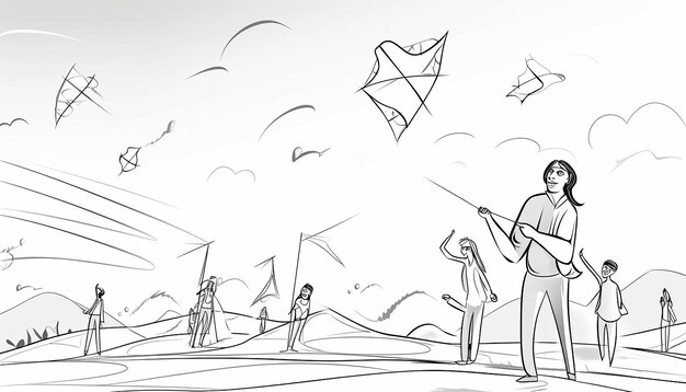 Photo coloring page for kids people flying kites in the clear sky and competing with one another