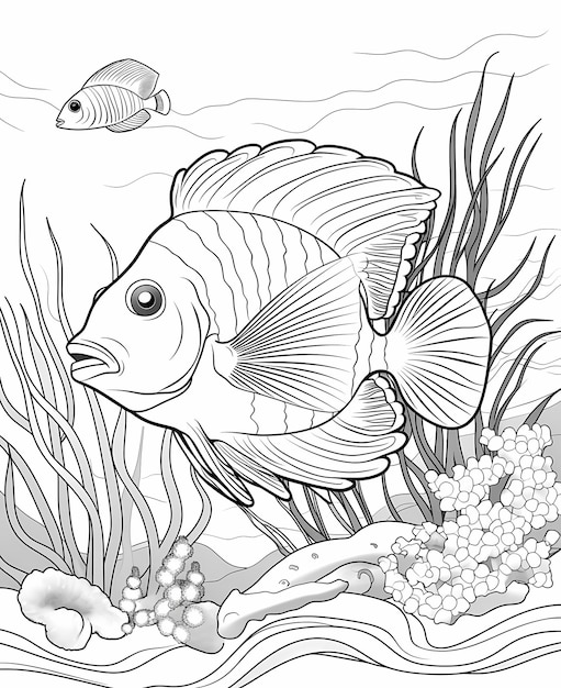 coloring page for kids reef fish cartoon style thick lines