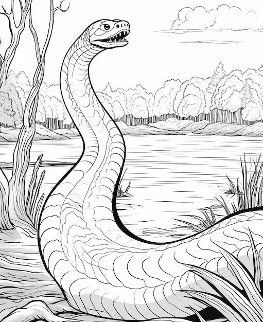 Coloring page for kids snake by a lake