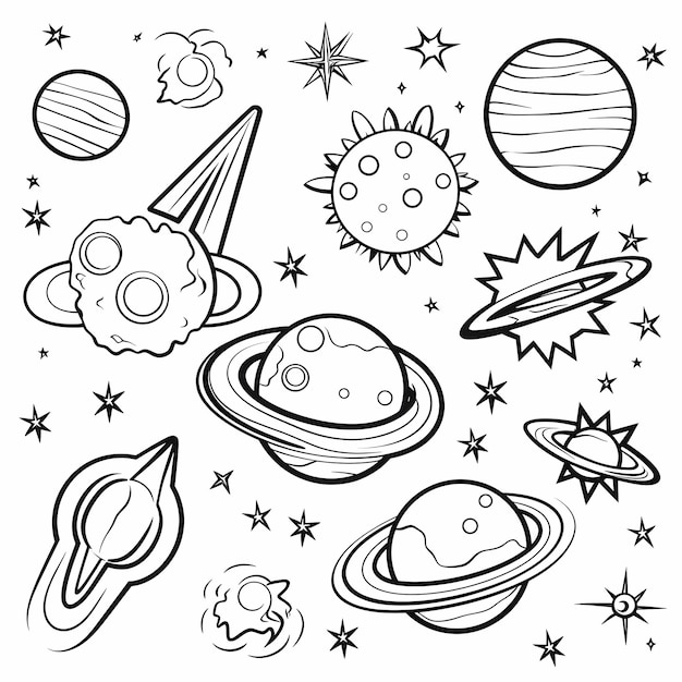 Photo coloring page for kids of space exploration with rockets and planets