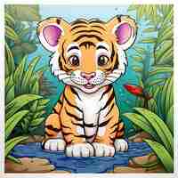 Photo coloring page for kids tiger in jungle cartoon style thick stle