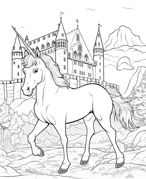 Coloring page for kids unicorn in front of a castle