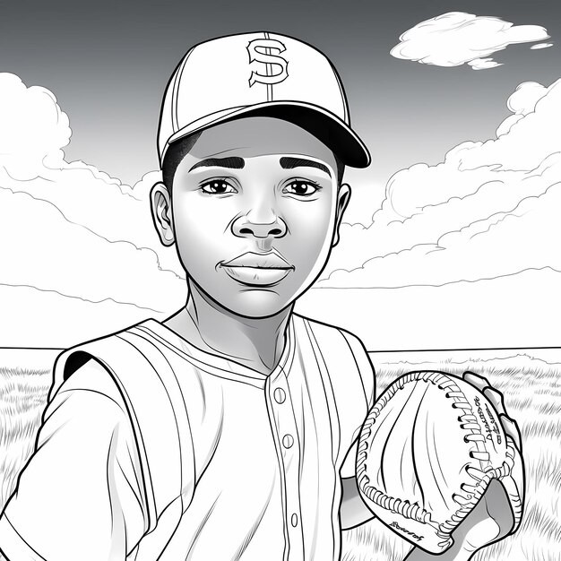 Coloring page for kids with african american teenage boy playing baseball