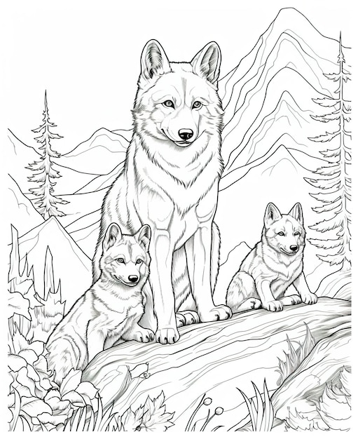 어린이 늑대와 새끼 휴양지를 위한 색칠 페이지