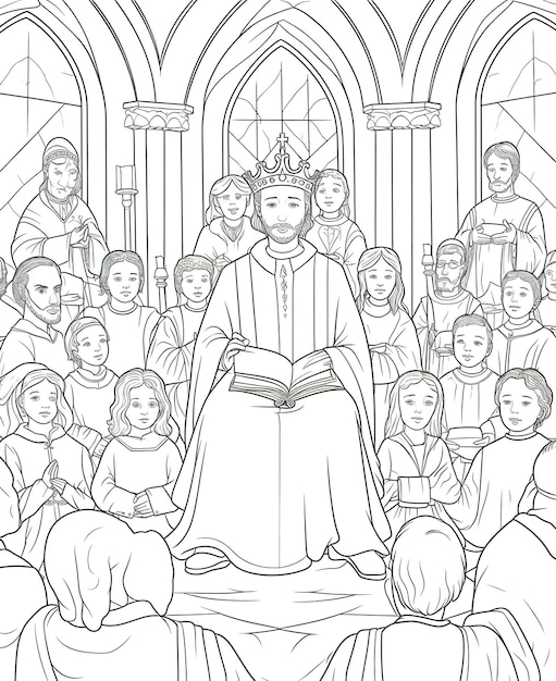 A coloring page of a king reading a book with a crowd of people around him.