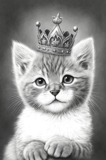 Coloring page kitten with crown grayscale