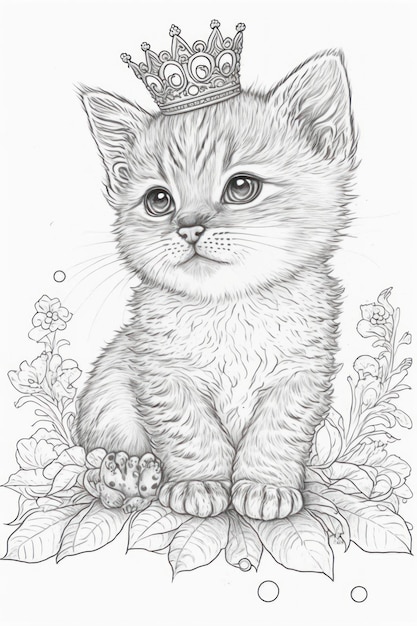 Coloring page kitten with crown think lines no shadow