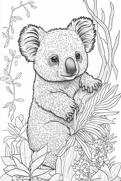 Photo coloring page koala think lines tribal style no shadow