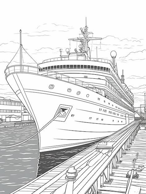 coloring page of a large cruise ship docked at a dock generative ai