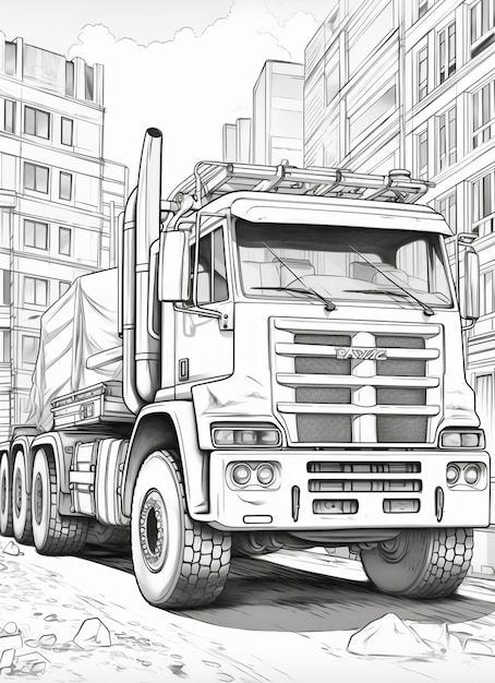 Photo coloring page of a large truck driving down a city street generative ai