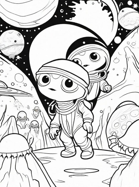 Photo coloring page line art aliens hiding