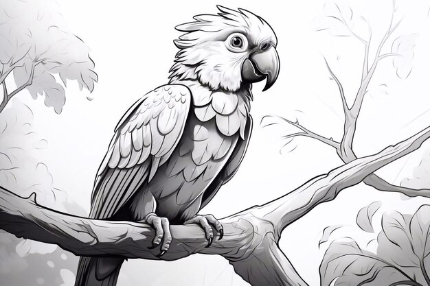 Coloring page little cute parrot sits on a branch Vector illustration