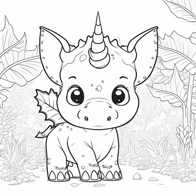 A coloring page of a little dragon with a horn on its head generative ai