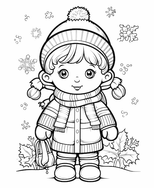 Coloring page for little kids a girl happy christmas