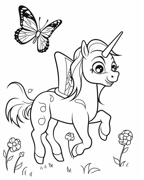 Photo a coloring page of a little pony with a butterfly on its back generative ai