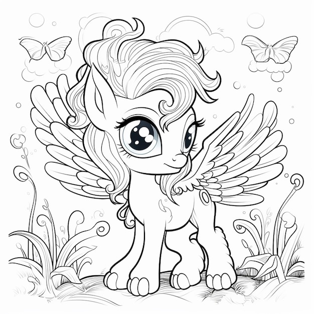 a coloring page of a little pony with wings generative ai