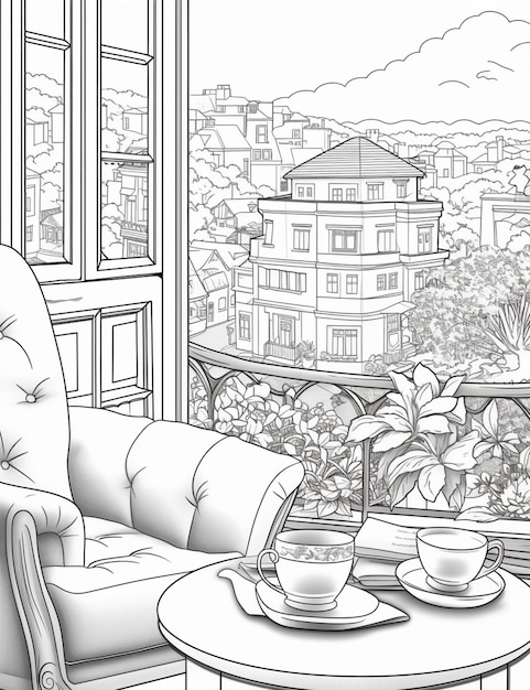 coloring page of a living room with a view of a city generative ai