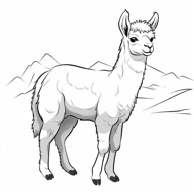 Coloring page of a llama with a mountain in the background