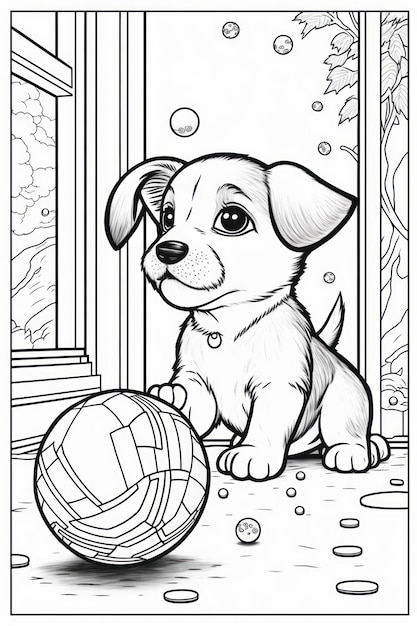 Coloring page lucky puppy play with ball think lines no shadow