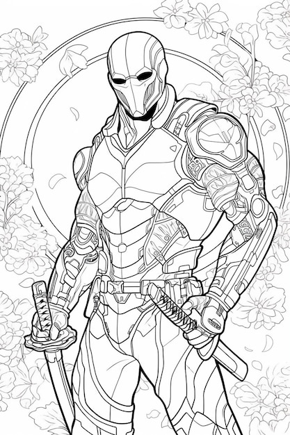a coloring page of a man in armor with a sword generative ai