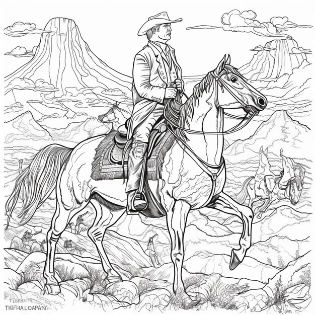 a coloring page of a man riding a horse in the desert generative ai