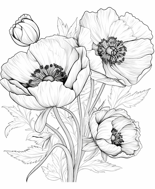 Coloring Page for Mindfulness Motivation featuring Tulips Anemones Stock Flowers