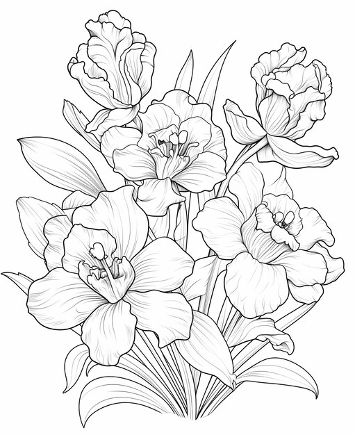 coloring Page for Mindfulness with Beautiful Tulips Anemones and Stock Flowers