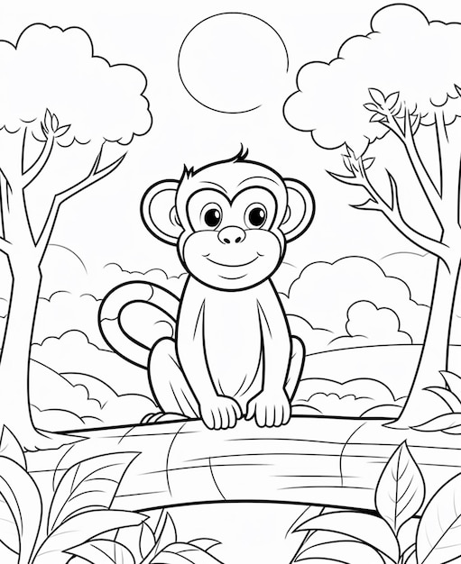 A coloring page of a monkey sitting on a log in the jungle generative ai