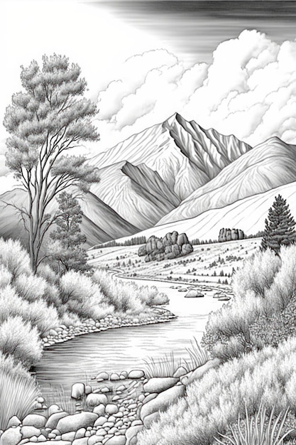 Coloring page mountain landscape grayscale