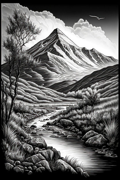 Coloring page mountain landscape grayscale